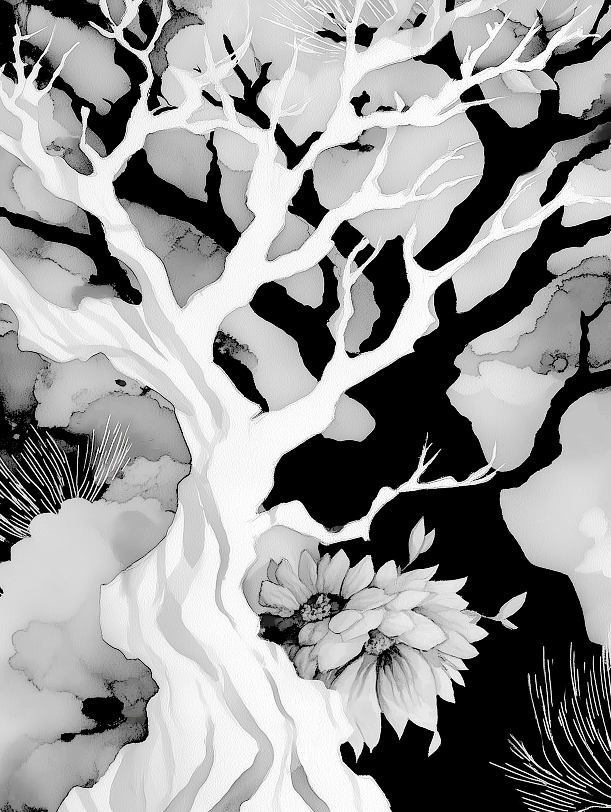 Free printable dead tree coloring page for adults featuring black and white dead trees